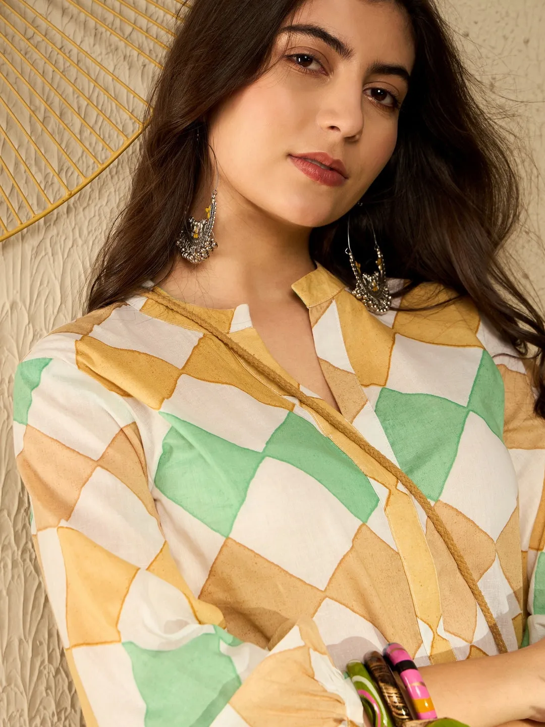 Women White Cotton Blend Geometric Printed Regular Tunic
