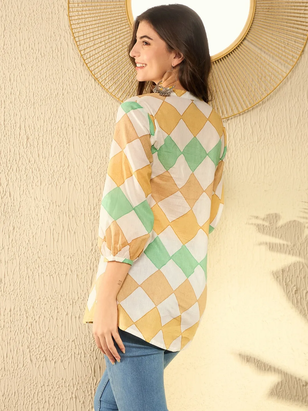 Women White Cotton Blend Geometric Printed Regular Tunic