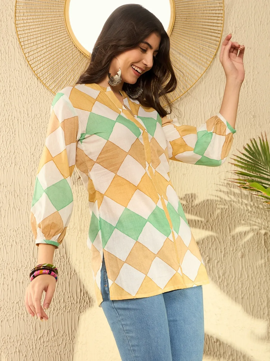 Women White Cotton Blend Geometric Printed Regular Tunic