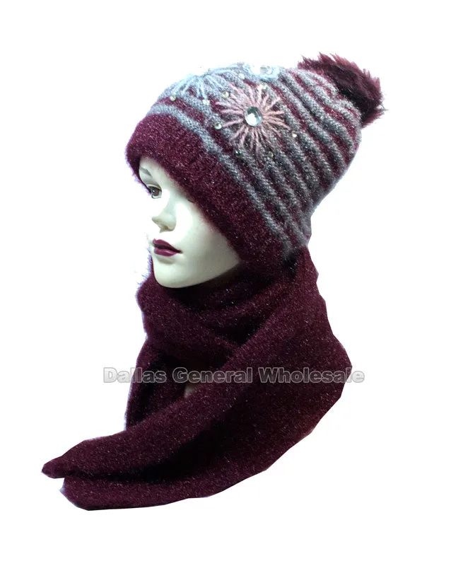 Women's Studded Flower Knitted Beanie Hat with Scarf Set Wholesale