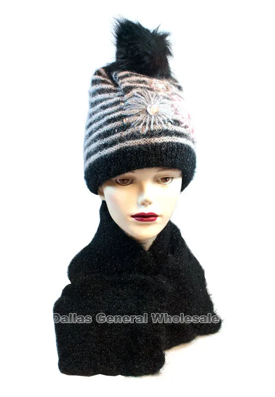 Women's Studded Flower Knitted Beanie Hat with Scarf Set Wholesale