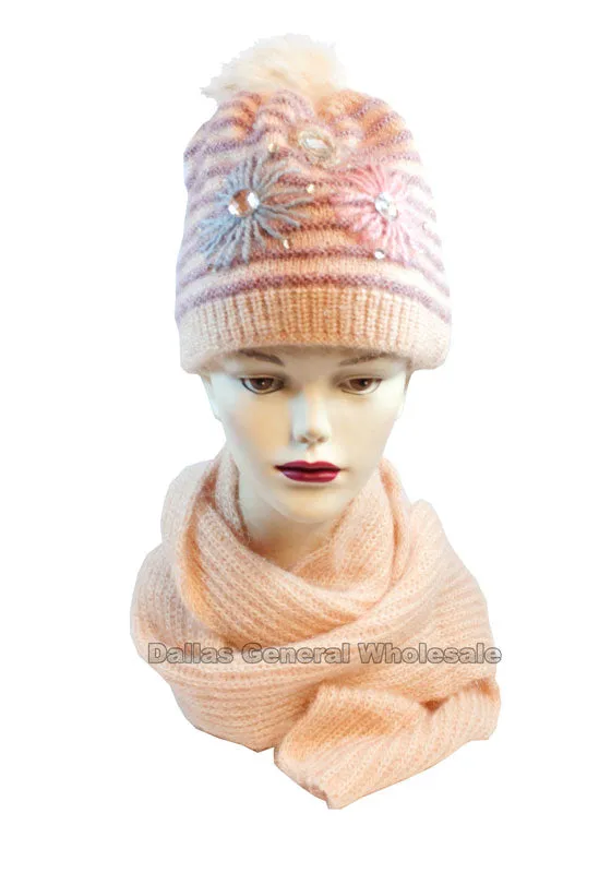 Women's Studded Flower Knitted Beanie Hat with Scarf Set Wholesale