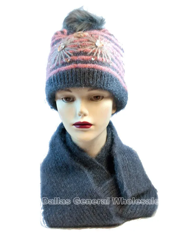 Women's Studded Flower Knitted Beanie Hat with Scarf Set Wholesale