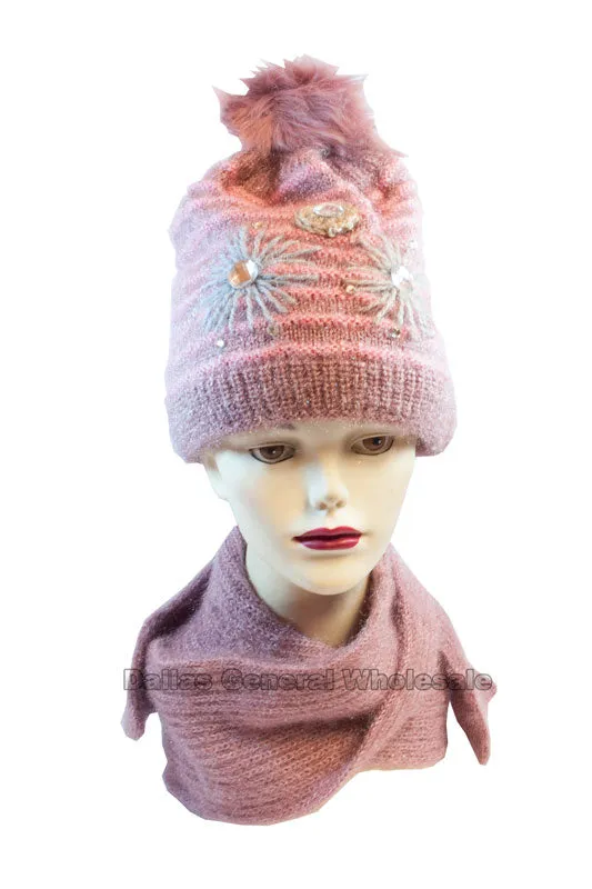 Women's Studded Flower Knitted Beanie Hat with Scarf Set Wholesale