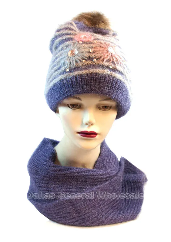 Women's Studded Flower Knitted Beanie Hat with Scarf Set Wholesale