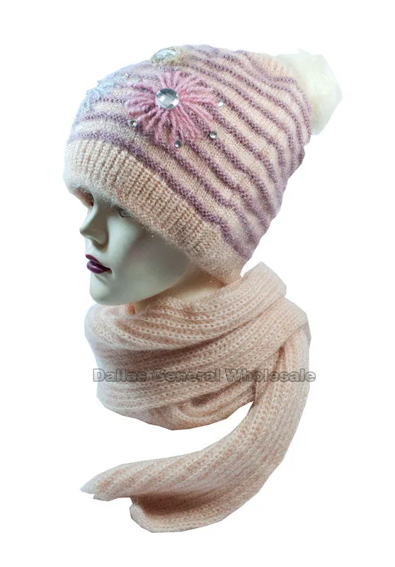 Women's Studded Flower Knitted Beanie Hat with Scarf Set Wholesale