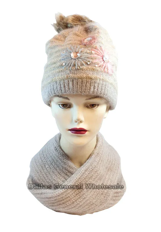 Women's Studded Flower Knitted Beanie Hat with Scarf Set Wholesale